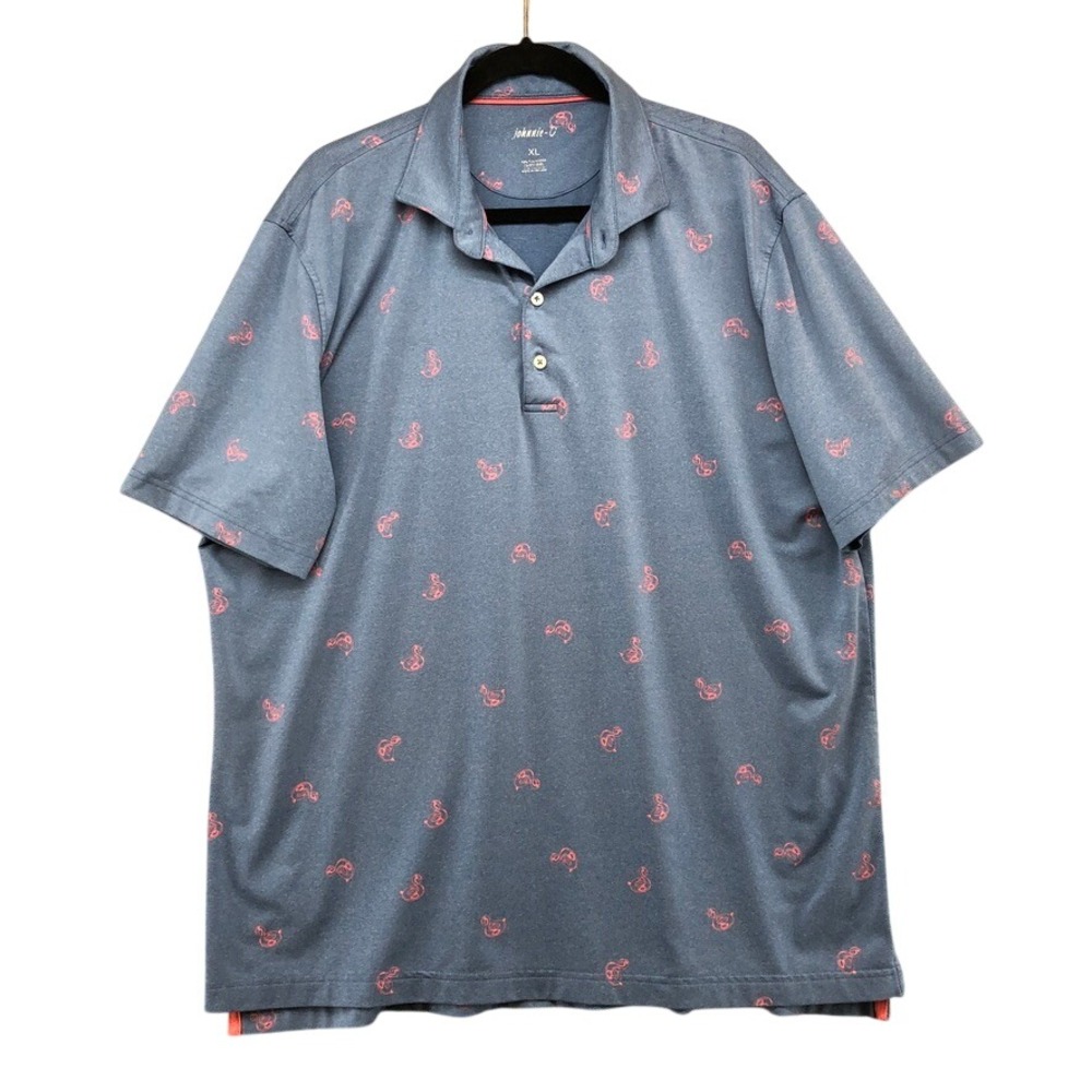 johnnie-O Polo Shirt Mens XL Blue Pink Flamingo Prep Performance Short Sleeve